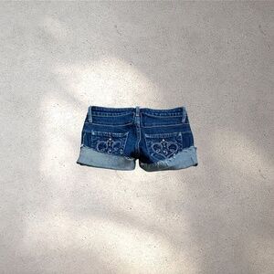 Y2K Low Rise Micro Denim Shorts w/ Heart Pocket & Rhinestone Details